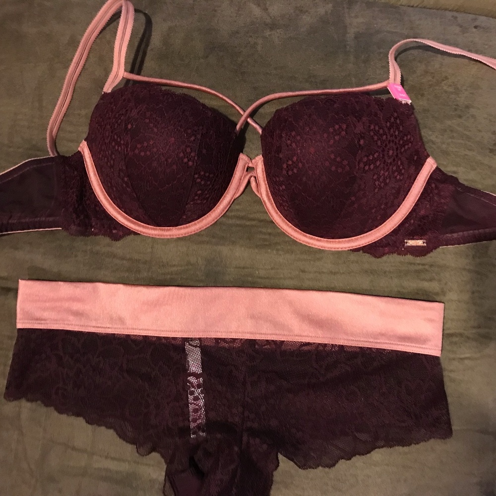 PINK Victoria's Secret Maroon & Pink Bra & Undies